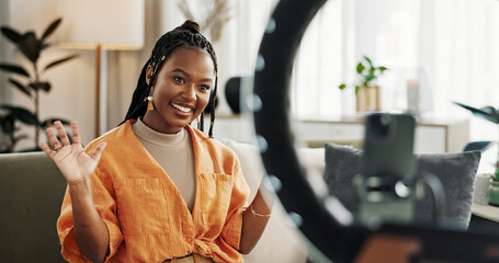 Sticker - Wave, live streaming and happy black woman with box or product in home living room. Hello, influencer and person with package, record video on social media and content creation, ring light and phone