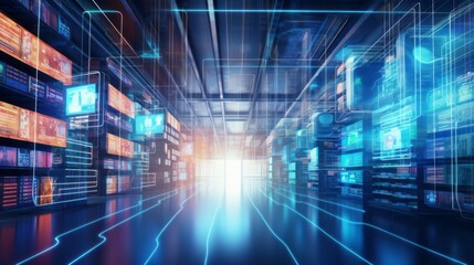 Wall Mural - futuristic technology retail warehouse with electronic grids and barcode scanner banner - digital in