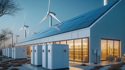 Aufkleber - Home energy storage devices, wind turbines, solar panels. Generative AI.