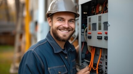 Poster - A happy Electrician Works with Electric Meter, house electrical system, house electric meter. Generative AI.
