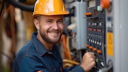 Poster - A happy Electrician Works with Electric Meter, house electrical system, house electric meter. Generative AI.