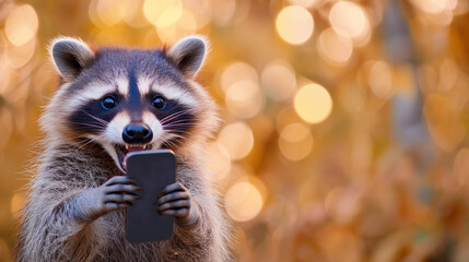 Wall Mural - Surprised raccoon holding a smartphone with a comical expression.