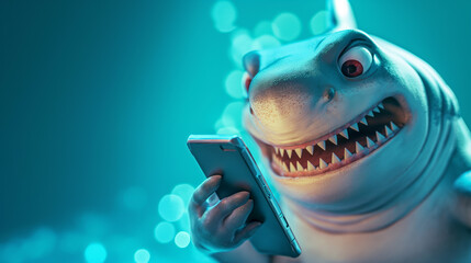 Wall Mural - Surprised shark holding a smartphone with a comical expression.