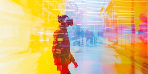 Wall Mural - ai futuristic concept of young person wearing a virtual reality headset vr goggles exploring the met