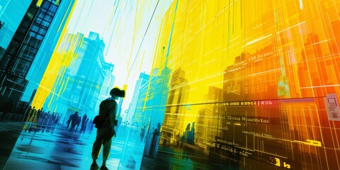 Wall Mural - ai futuristic concept of young person wearing a virtual reality headset vr goggles exploring the met