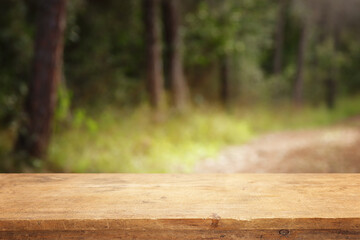 Wall Mural - Empty rustic table in front of countryside background. product display and picnic concept