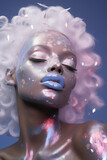 Fototapeta Sypialnia - Fashion editorial portrait showcasing a model with holographic and iridescent make-up in silvery tones. Glowing skin, shimmering eyeshadow, and glossy lip color. Celestial sophistication.