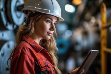 Poster - Happy female worker with hard hat looking at tablet computer in steel fabrication shop. Generative AI.
