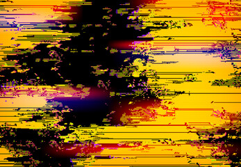Aufkleber - Yellow tv or vhs glitch texture background with distorted lines and pixelation create a visually striking, nostalgic yet chaotic vector visual, reminiscent of analog interference with digital disarray
