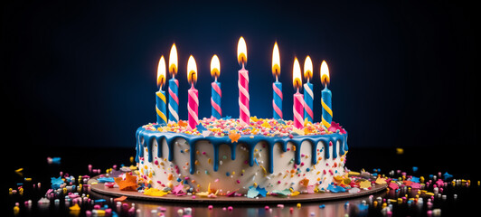 Vibrant birthday cake with lit candles and colorful sprinkles