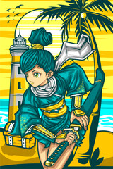 Wall Mural - samurai girl illustration with awesome beach background