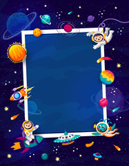 Wall Mural - birthday photo frame with galaxy space planets, rocket and stars, ufo and astronauts. vector rectang