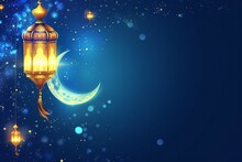 Blue Banner Featuring A Moon And Lantern For Ramadan. Ramadan Mubarak