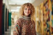 Joyful Curly-Haired Woman in Cozy Sweater Enjoying Art Gallery Ambiance: A Portrait of Cultural Engagement