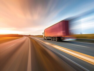 Background photograph of a highway, trucks on a highway, motion blur. Evening shot of truck doing transportation