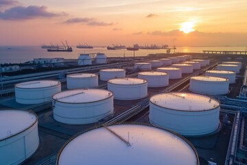 Aerial top view storage tank farm at night, oil terminal storage tank