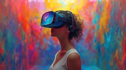 Aufkleber - A woman immersed in a virtual reality world painted in the bold colors, the vibrant environment pulsating with energy. Generative AI.