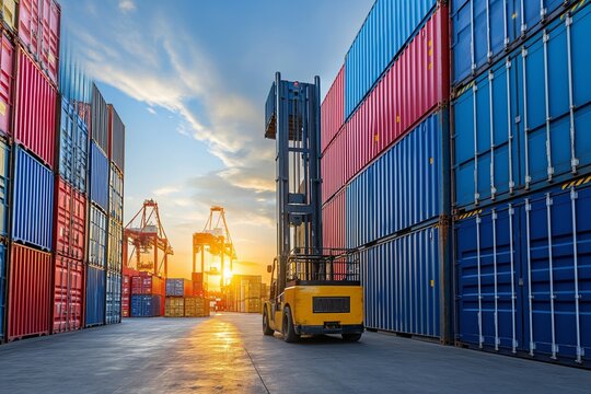 Forklift truck handling cargo shipping container box in logistic shipping yard