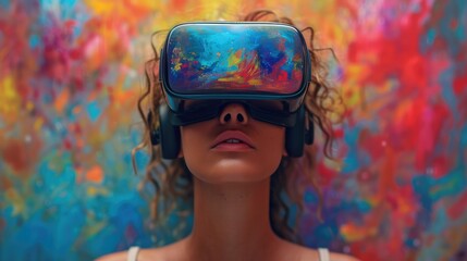 Aufkleber - A woman immersed in a virtual reality world painted in the bold colors, the vibrant environment pulsating with energy. Generative AI.