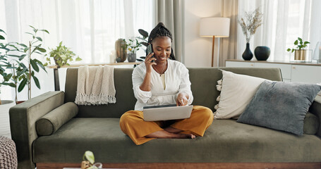 Poster - Black woman on sofa, phone call and laptop for remote work, social media or blog post research with smile in home. Happy girl on sofa with computer, cellphone and online chat in house for networking