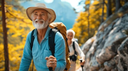 Poster - Senior couple tourists travel hiking in nature, walking and smiling. Generative AI.