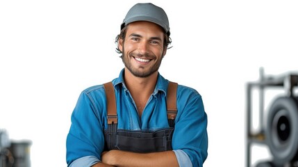 Poster - A male electrician with arms crossed smiling isolated on white background. Generative AI.