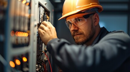 Poster - The electrician is repairing a faulty circuit breaker in a home. Generative AI.