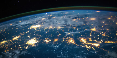 Wall Mural - big city lights view from space. planet earth globe with night realistic world map. communication co
