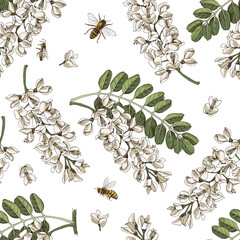 Wall Mural - Seamless pattern with blooming acacia and honey bees