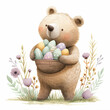Bärenspaß zu Ostern: Aquarell-Illustration mit einem Bären und seinem Korb voller Ostereier