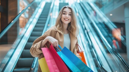 Poster - Smiling young fashion woman holding colorful shopping bag standing on mall escalator