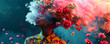  Surreal abstract image of a woman with flowers on her head and colored smoke, summer abstract background