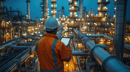 Wall Mural - A worker using tablet computer, he is up in a gantry at construction site for an energy plant being built. Generative AI.