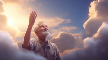 Wall Mural - adult man on the clouds. the old man died and went to heaven and smiles. gray-haired grandfather looks at the sky