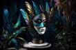 Within a moonlit garden, a mystical Carnival mask with iridescent feathers sits perched atop a marble pedestal. 