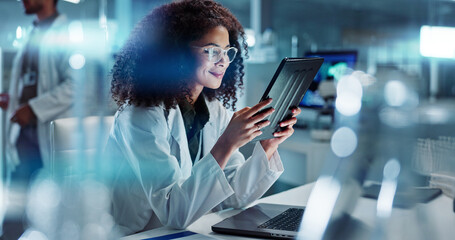 tablet, night or scientist with research in laboratory for chemistry report or scientific test feedb