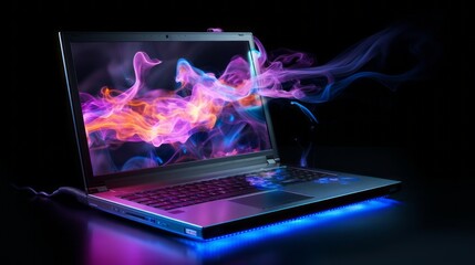 Wall Mural - vibrant glowing laptop illuminated on desk in modern workspace environment