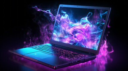 Wall Mural - vibrant glowing laptop illuminated on desk in modern workspace environment