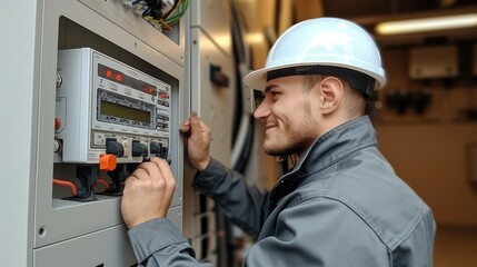 Poster - Happy Electrician Works with Electric Meter. Generative AI.