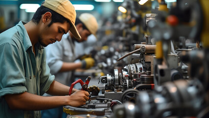 Poster - A workers repairing machinery with tools and parts in workshop plant. Generative AI.