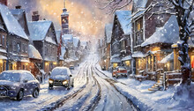 Winter In A Small Town Covered In Deep Snow, Photographed From The Street, Oil Painting