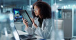 © Coetzee/peopleimages.com - Tablet, scientist and happy for research in laboratory, healthcare and reading of online pharmaceutical innovation. Woman doctor, technology or connection for analysis or information in biotechnology