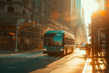 Wall Mural - Bus, transportation and public transport shuttle for commuting service, passengers and travel. Sunrise, morning light beam and city view for background, copyspace and busy urban highway traffic