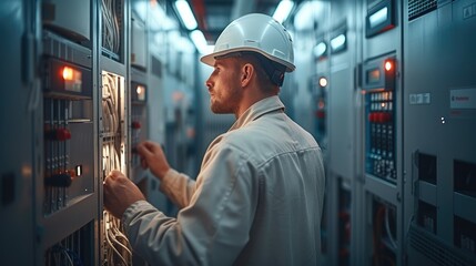 Poster - Electrician inspects electrical panel. Generative AI.