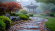 A mindfulness garden, with Zen-inspired elements as the background, during a foggy morning