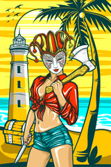 Wall Mural - sexy charming girl illustration with awesome beach background