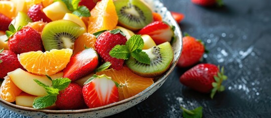 Fresh and delicious fruit salad with strawberries, oranges, apples, and kiwi served in a bowl, promoting health.