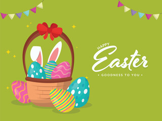 Poster - Happy Easter, Goodness To You Greeting Card Design with Colorful Eggs and Bunny in Basket.