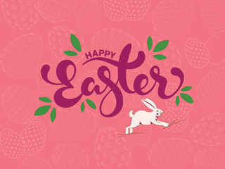 Canvas Print - Cartoon Cute Bunny Running on Doodle Eggs Pattern Pink Background for Happy Easter Celebration Concept.