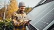 © visoot - Technician checks the energy production of his photovoltaic system on a tablet, the roof of the house with the solar panels in the background. Generative AI.